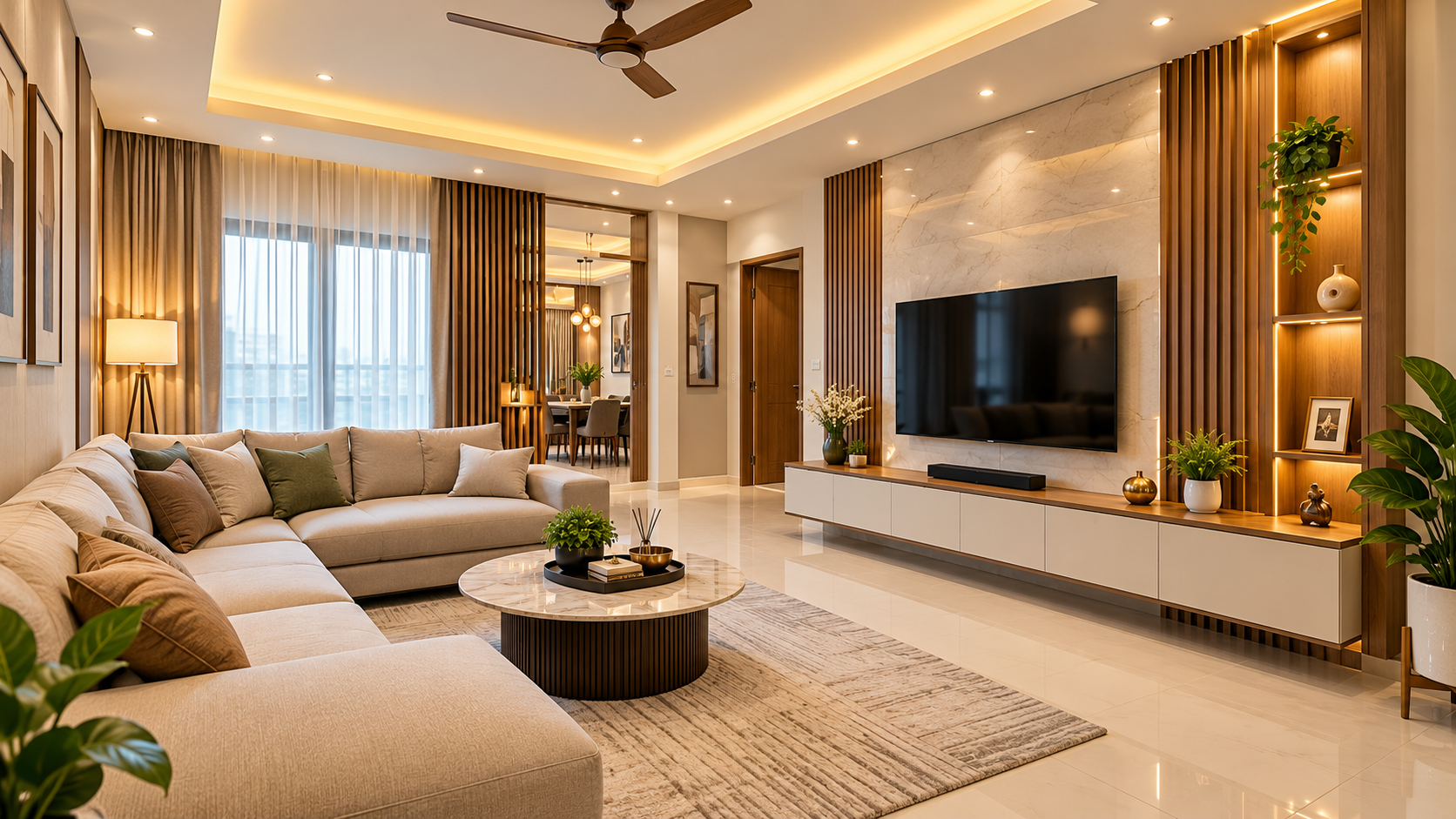 Modern beige and wood living room interior